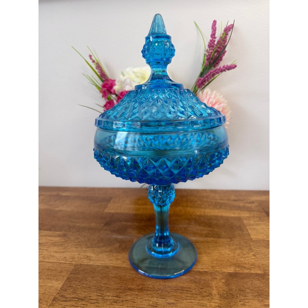 Indiana Glass Diamond Point Compote Candy Dish With Lid Capri Blue Pedestal
